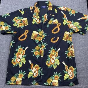 Pacific and Co Shirt Adult L Black Guitar Pineapple Print Hawaiian Button Beach